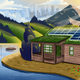 An illustration of a person fishing next to a cottage with solar panels and a city in the distance.